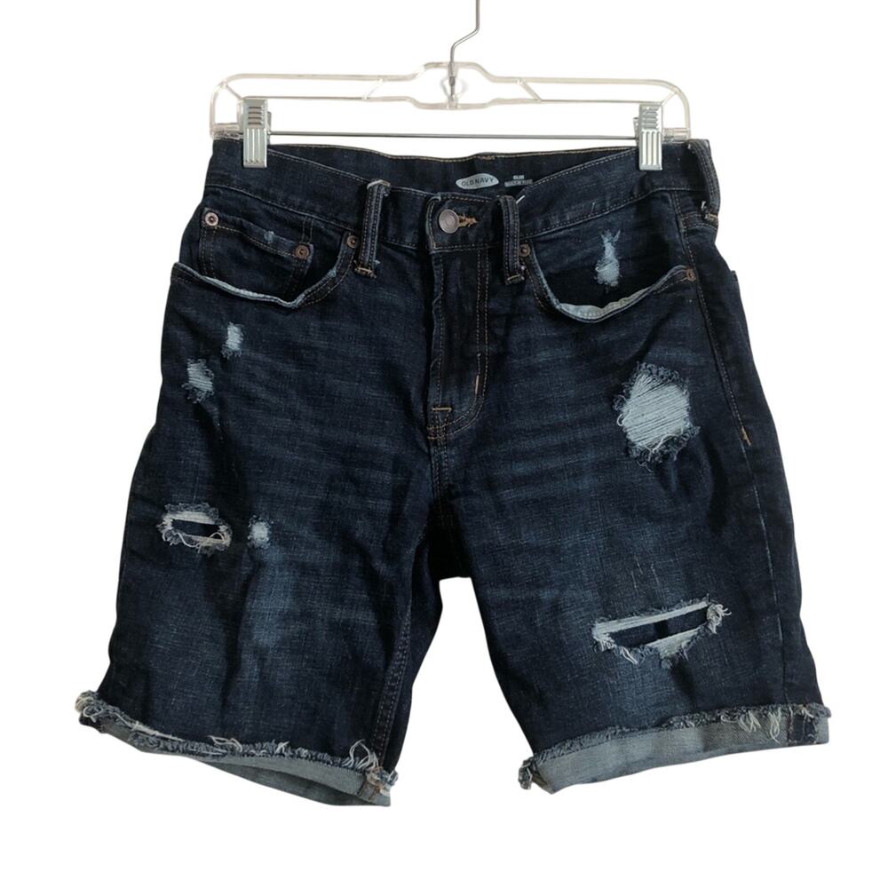 Old Navy Slim Flex Dark Blue Denim Distressed Cut Off Bermuda Jean Shorts 29